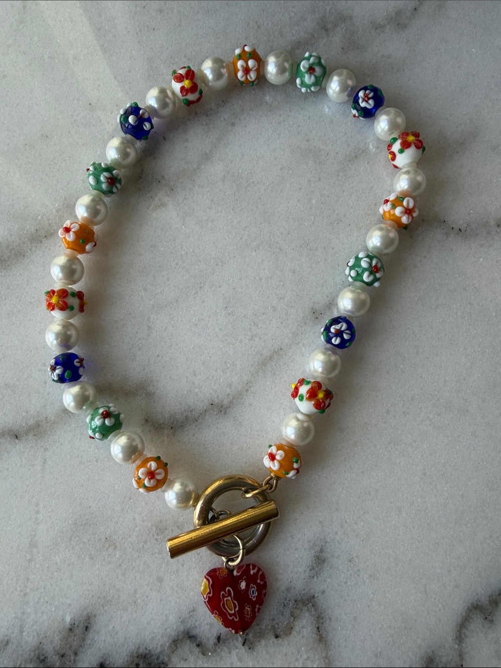 Lele Sadoughi Multicolor Floral Pearl Beaded Necklace with Heart Charm